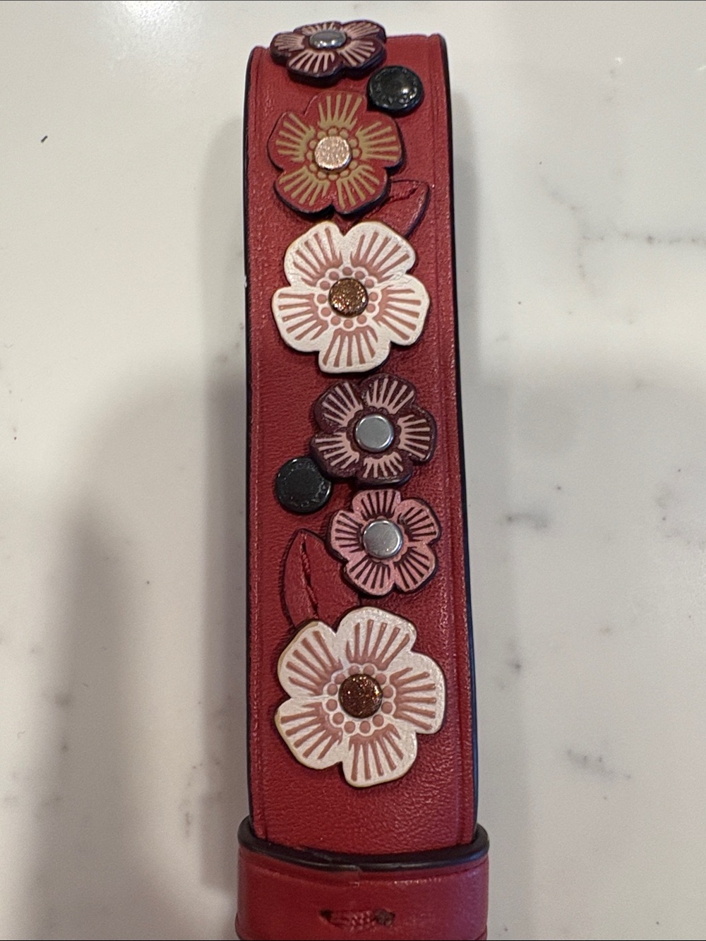 Coach Red Leather Floral Appliqué Key Fob - Picture 4 of 9